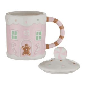 Christiania 1739 Julekolleksjon julekrus M/Lokk 520ml, viser et rosa krus med et lokk og en stripe av sukkerstang, designet for jul.