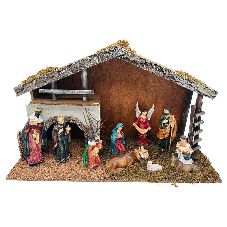 Christiania 1739 Julekolleksjon julekrybbe med stall og 11 håndmalte figurer, som viser en detaljert stall med livfulle figurer, perfekt for juledekorasjon.