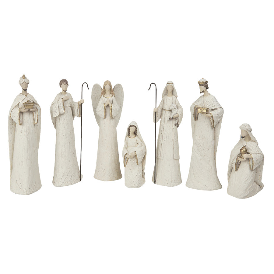Christiania 1739 Julekolleksjon Julekrybbe Sett 7 Deler Hvit: elegante, hvite figurer som skildrer julefortellingen, inkludert engel, hyrde og vismenn.