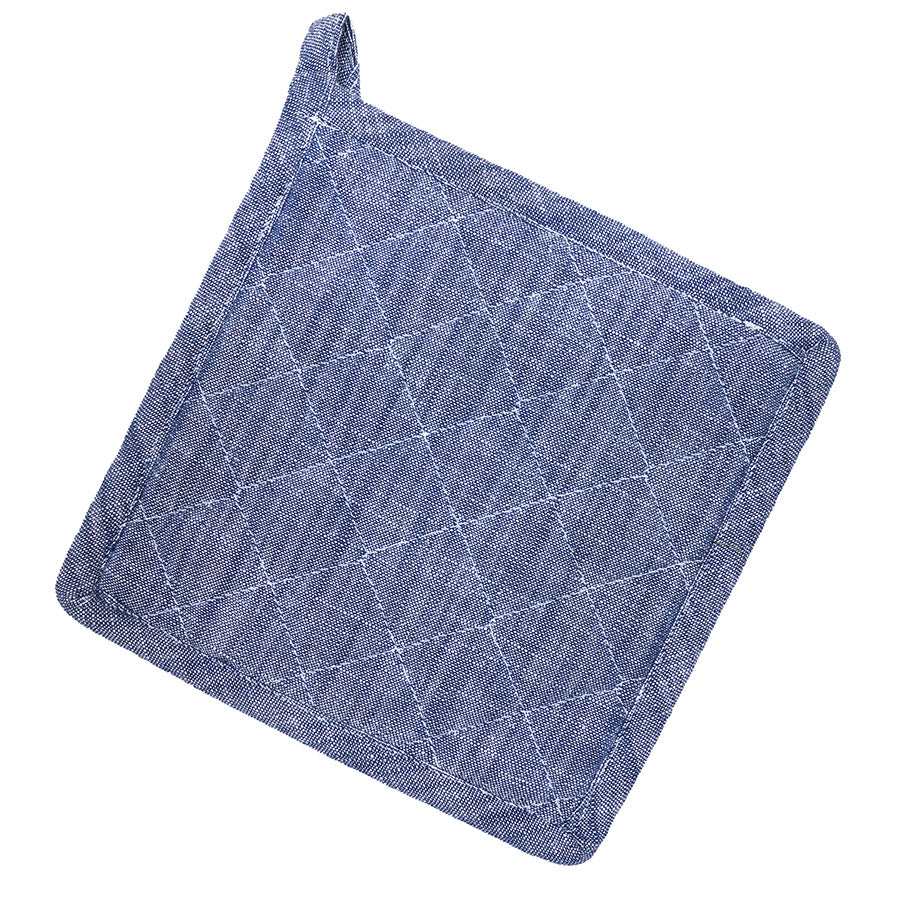 Christiania Glasmagasin Gryteklut Blå 20x20cm, en praktisk og dekorativ gryteklut i 100% bomull med vasket look, perfekt for håndtering av varme kjeler og servering.
