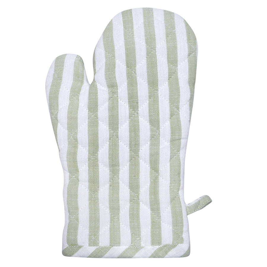 Grytevott fra CHRISTIANIA GLASMAGASIN, modellen Christiania Glasmagasin Grytevott 18x28cm Striper Lys Grønn/Hvit, laget av 100% bomull med et dekorativt stripemønster i lys grønn og hvit, designet for effektiv varmebeskyttelse i kjøkkenet.