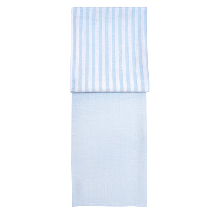 Christiania Glasmagasin kjøkkenhåndkle 2pk Lys Blå 50x70cm. Vist er ett ensfarget håndkle og ett med striper, laget av 100% bomull, perfekt for et stilrent kjøkken.