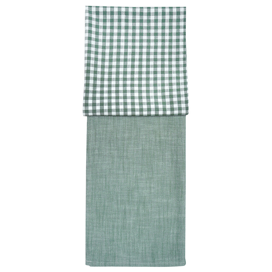 Christiania Glasmagasin Kjøkkenhåndkle 2pk Grønn 50x70cm, featuring a green solid towel and a green checkered towel, perfect for kitchen use.