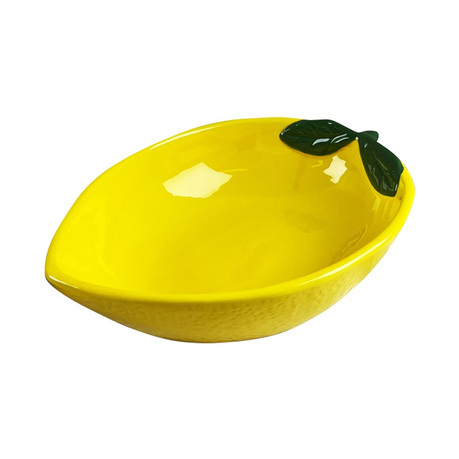 Fargerik sitronskål i keramikk fra Capri Collection med grønn bladdetalj, diameter 19 cm, perfekt til servering av mat.