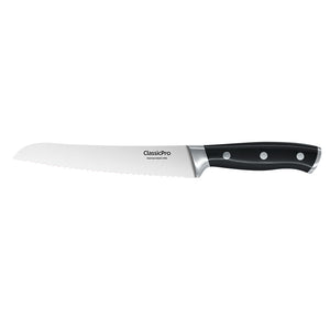 ClassicPro brødkniv 20 cm med sort ergonomisk håndtak og tagget egg, ideell for skivedeling av brød.