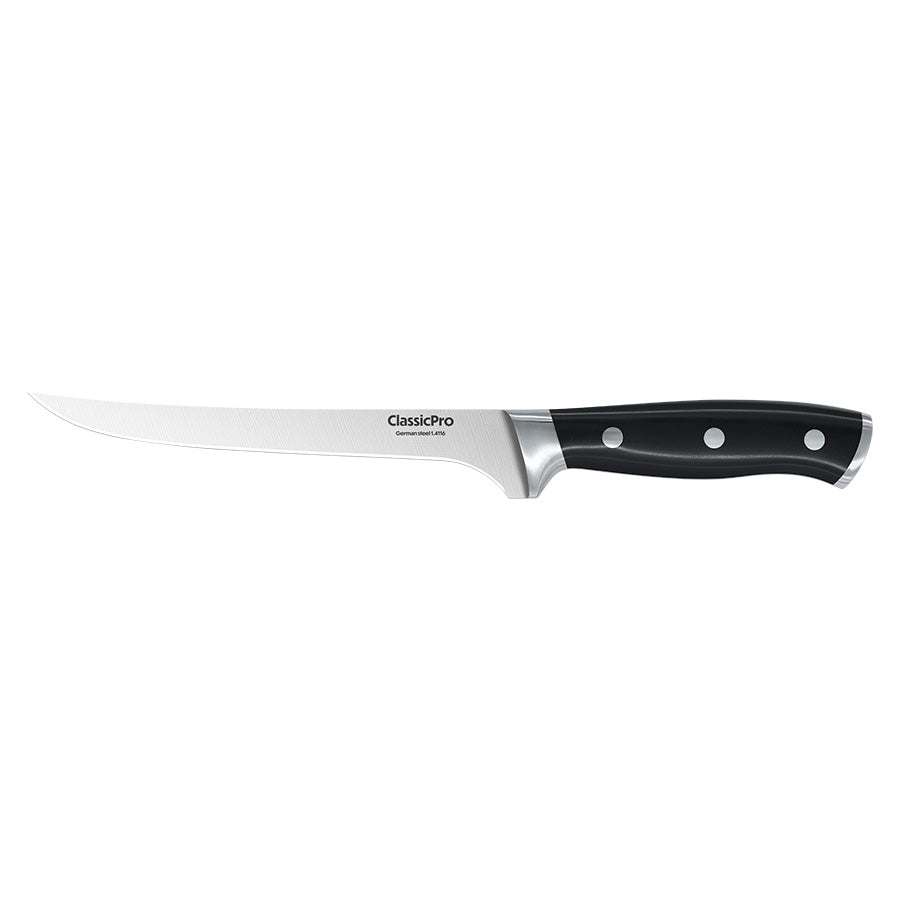 ClassicPro filetkniv med 18 cm fleksibelt stålblad og ergonomisk sort håndtak, perfekt for presis skjæring av fisk og kjøtt.