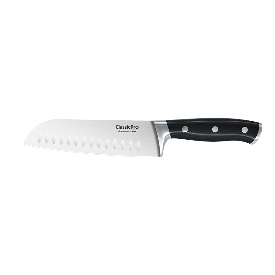 ClassicPro santokukniv i rustfritt stål, 18 cm, med ergonomisk svart ABS-håndtak, perfekt for presise kutt.