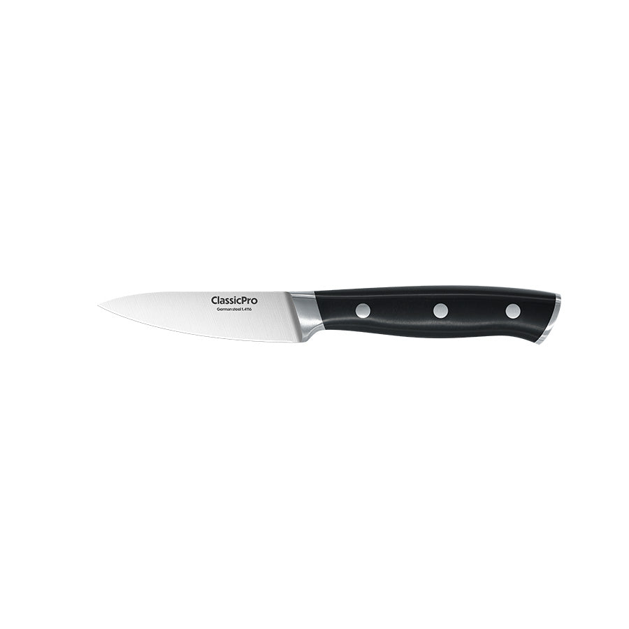 ClassicPro presisjon skrellekniv med 9 cm blad, ergonomisk håndtak i sort ABS, perfekt for skrelling og detaljarbeid.