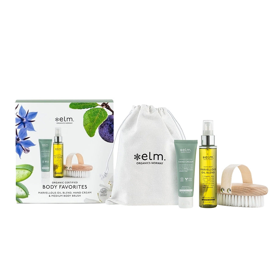 Elm Organics Body Favorites gavepakke inkludert kroppsolje, håndkrem og tørrbørste, presentert i en stilren eske med økologiske sertifiseringer.