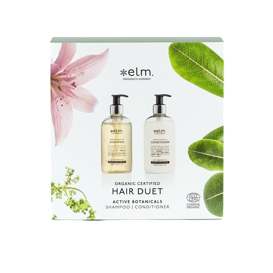 Elm Organics Hair Duet gaveeske med økologisk sertifisert shampoo og balsam med aktiv plantekraft. Perfekt for en luksuriøs hårpleieopplevelse.