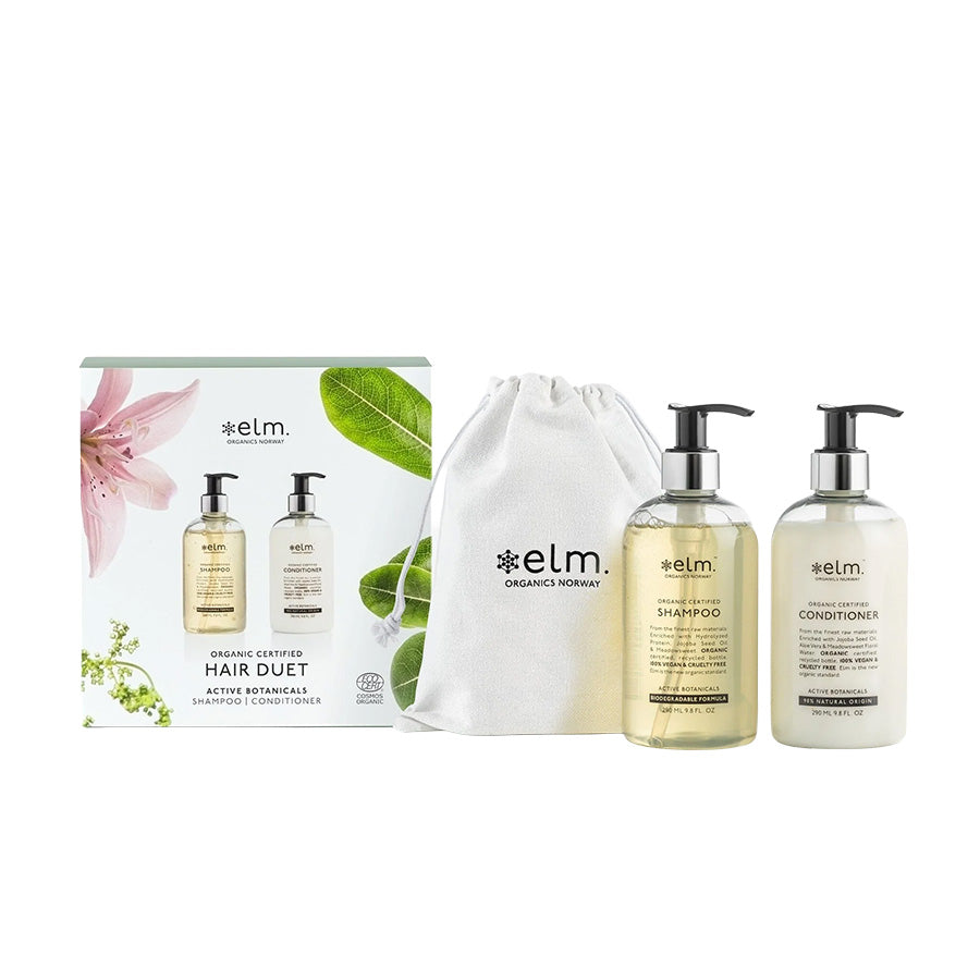 Elm Organics Hair Duet med økologisk shampoo og balsam, inkludert en eksklusiv pose. Ideell gave for naturlig hårpleie.
