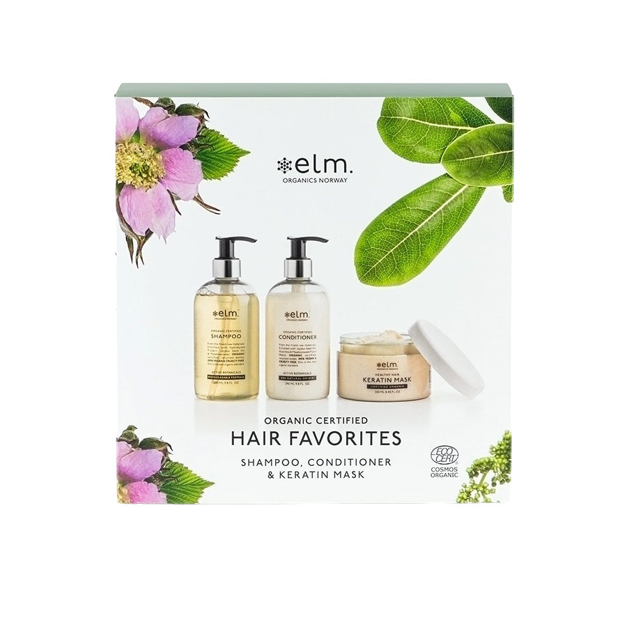 Elm Organics Hair Favorites gaveboks med økologisk shampoo, balsam og keratinmaske. Perfekt hårpleiesett med milde ingredienser og blomsterduft.