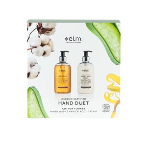 Elm Organics Hand Duet gavepakke med håndvask og hånd- og kroppskrem med Cotton Flower duft, perfekt for naturlig hudpleie med økologisk såpe.