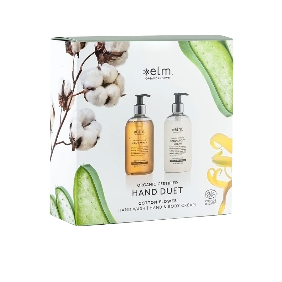 Elm Organics Hand Duet gavepakke som inneholder såpeprodukter med Cotton Flower duft, elegant designet for en bærekraftig hudpleieopplevelse.