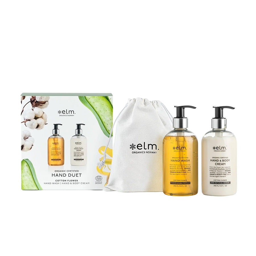 Elm Organics Hand Duet pakke med håndvask og hånd- og kroppskrem, inkludert luksuriøs såpe med en feminin Cotton Flower duft, perfekt som gave.