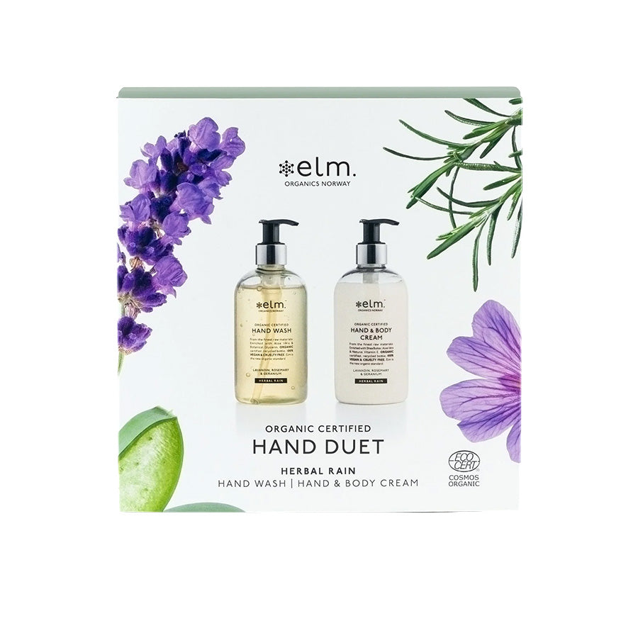 Hand Duet Herbal Rain gavepakke med økologisk håndsåpe og hånd & body cream fra Elm Organics. Flaske med håndvask og krem i en nydelig gaveeske med lavandin og rosmarin. Perfekt gave for naturlig pleie.