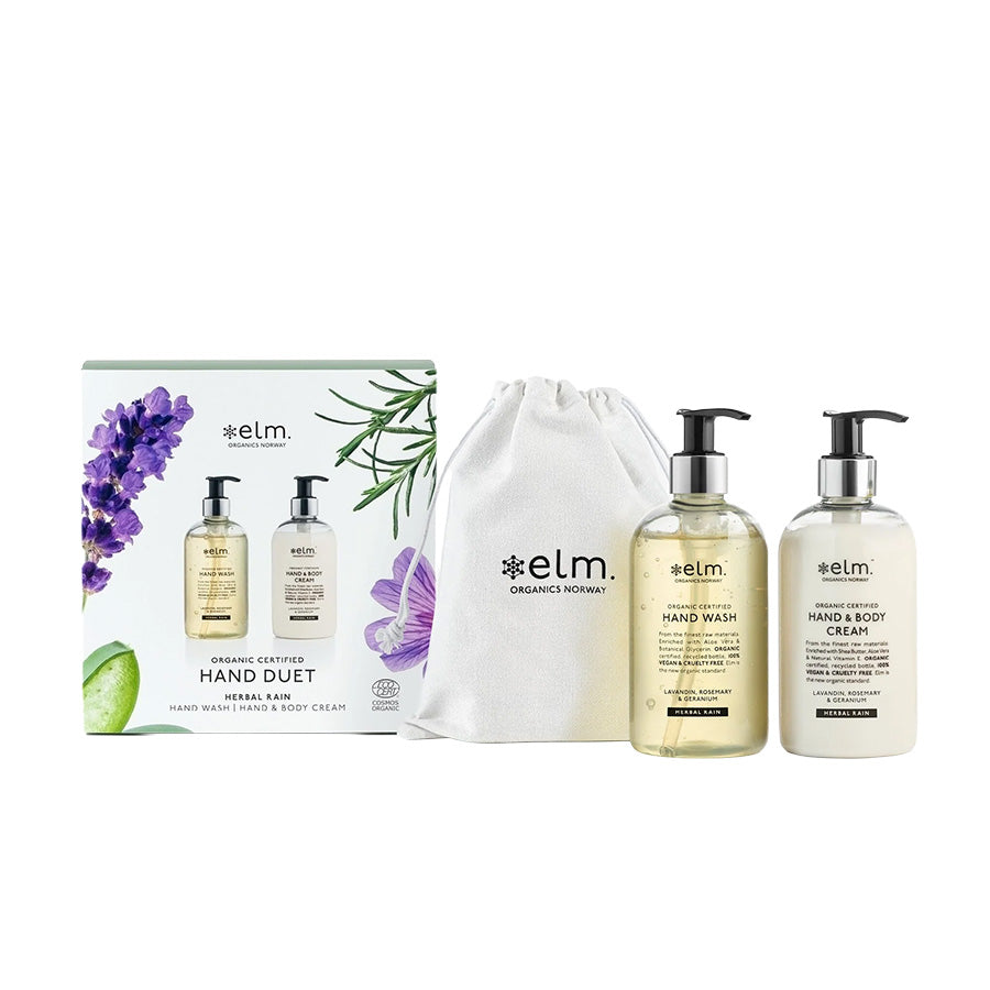 Hand Duet Herbal Rain gavepakke med håndsåpe og hånd & body cream i en silke pose fra Elm Organics. Inkluderer økologiske ingredienser med Herbal Rain duft for ekte luksuspleie.
