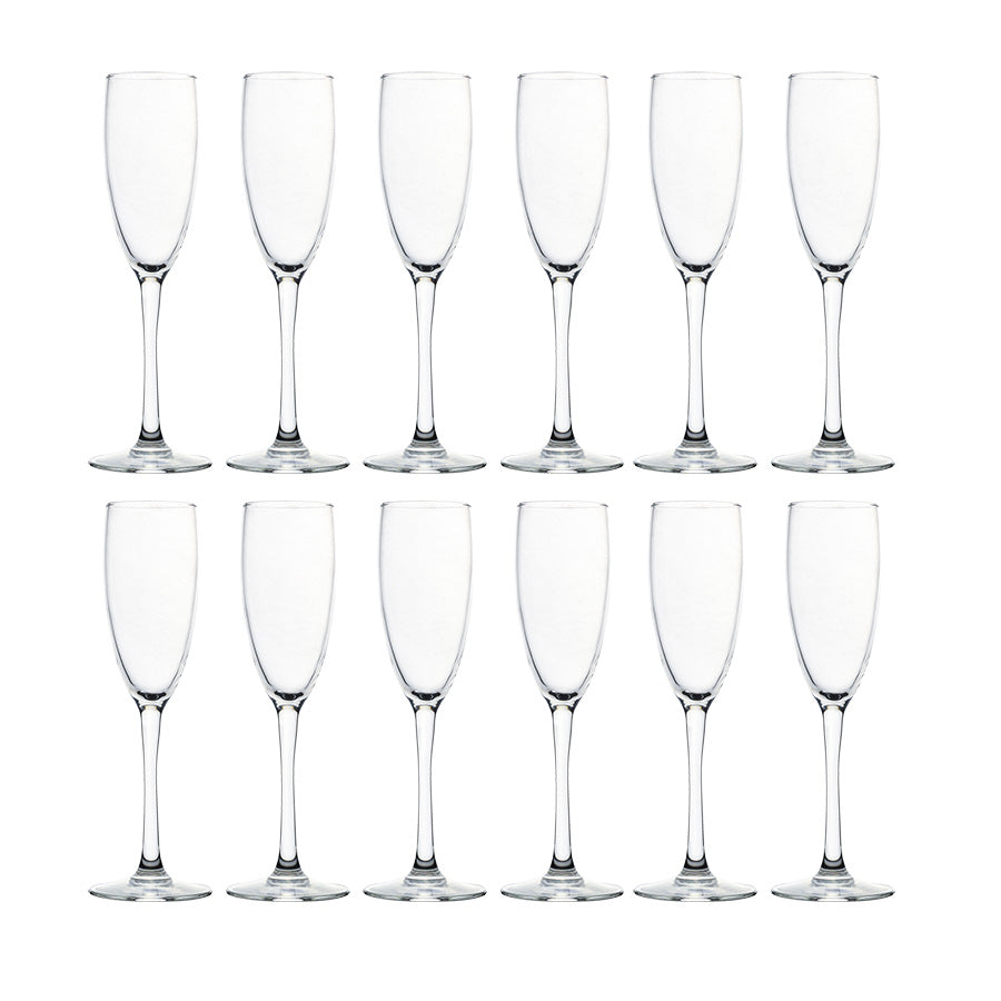 Settet med 12 elegante champagneglass, designet for å løfte boblene og aromaene i champagnen. Perfekt for både hverdag og fest.