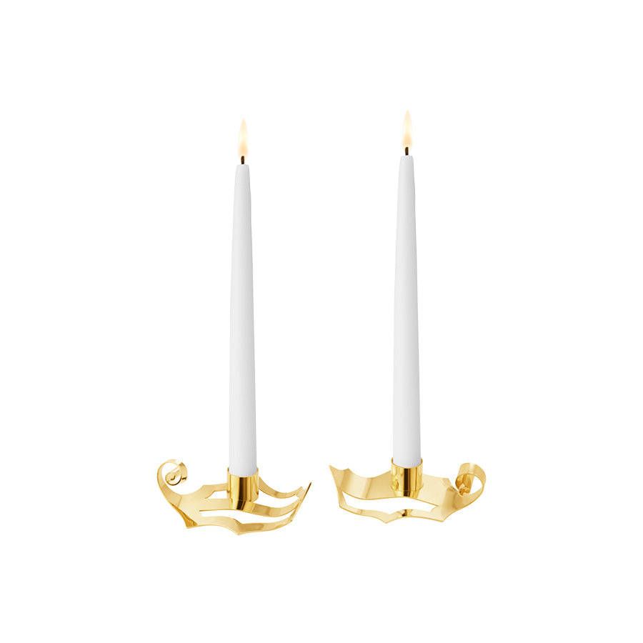 Georg Jensen kronelysestaker 2026 formet som kristtornblader i 18 kt forgylt rustfritt stål