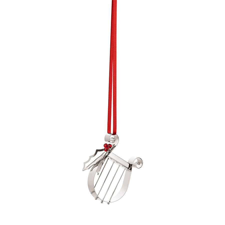 Georg Jensen juleornament 2026 formet som en harpe med kristtornkvist i palladiumbelagt messing