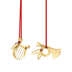 Georg Jensen juleornamentsett 2026 med posthorn og harpe i 18 kt forgylt messing