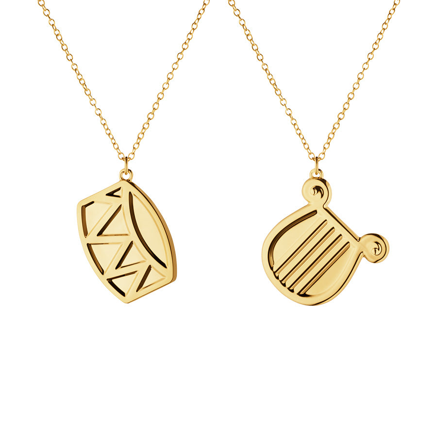 Georg Jensen juleornamentsett 2026 med tromme og harpe i gullbelagt sinklegering