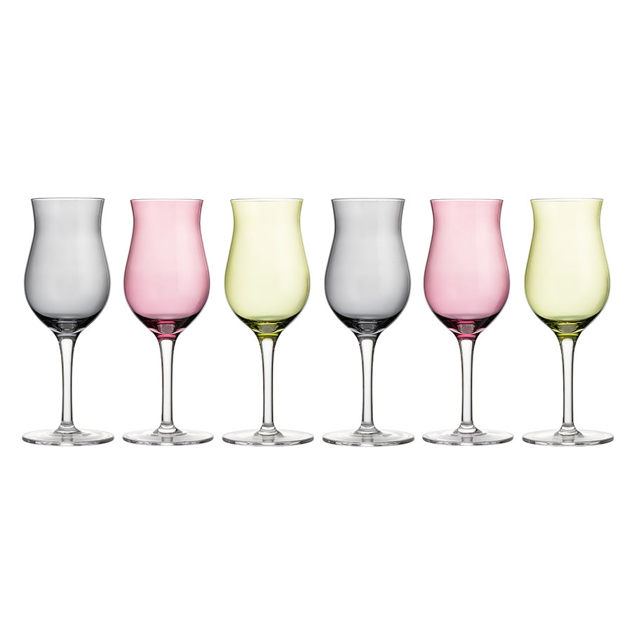 Set med 6 elegante drammeglass fra Hadeland Glassverk i unike farger; grå, rosa og grønn, perfekt for å løfte borddekkingen.