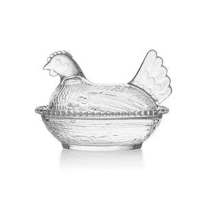 Hadeland Glassverk verpehøne skål i klart glass, elegant påskepynt med lokk, 14 cm.