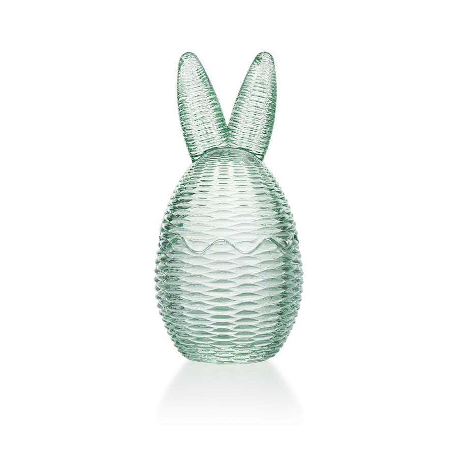 Grønt Hadeland glass påskeegg med hareører, 17 cm høyt, perfekt som påskepynt til bord og hylle.