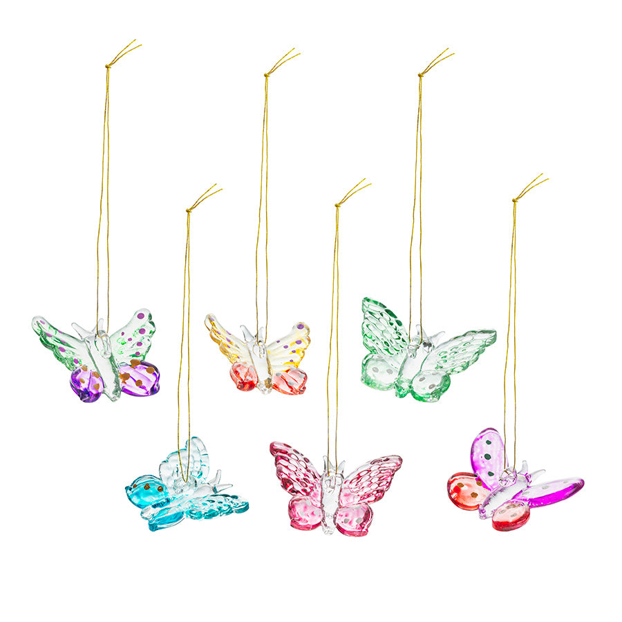 Fargerike sommerfugler hengepynt i glass, 6 stk, fra Hadeland Glassverk. Perfekt til vår- og sommerdekorasjon.