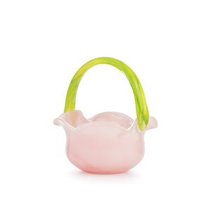 Hadeland Glassverk glasskurv i rosa med grønt håndtak, perfekt som påskepynt.