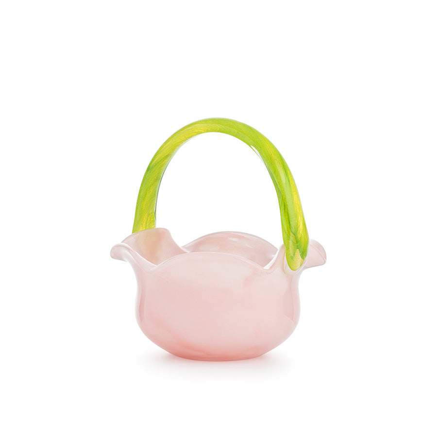 Hadeland Glassverk glasskurv i rosa med grønt håndtak, perfekt som påskepynt.