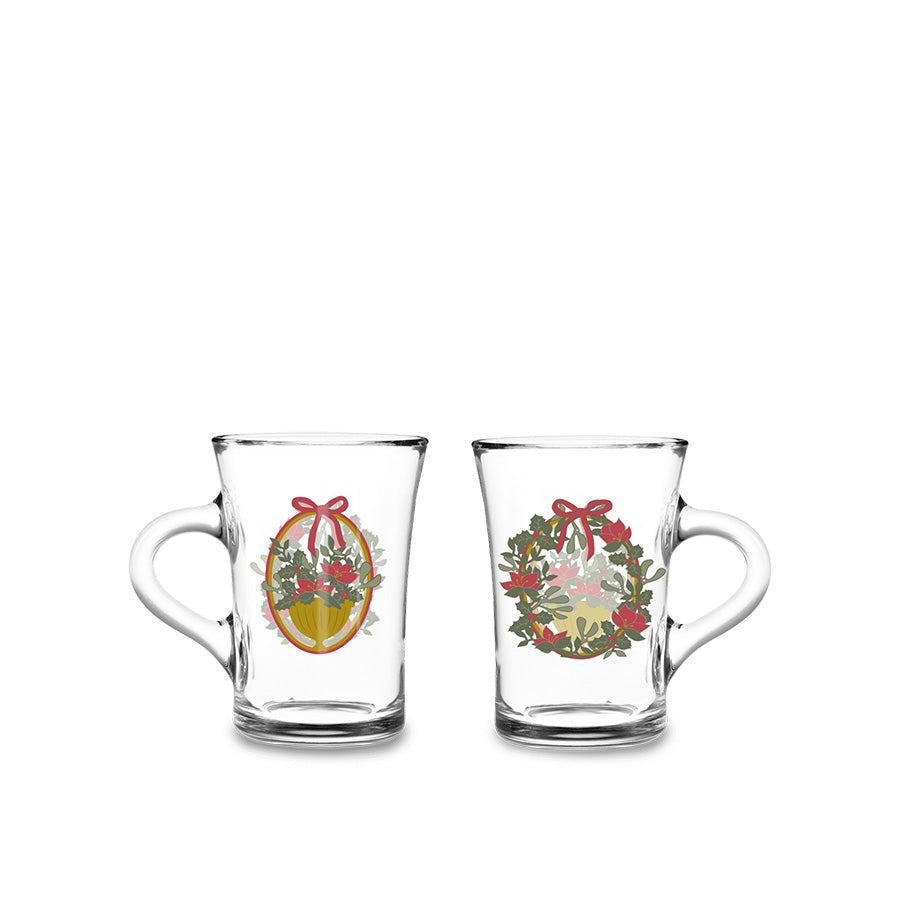 Holmegaard Christmas Hotdrink Juleglass 2025, 23 cl, 2pk med romantiske motiver, perfekt for varme drikker som gløgg og kaffe. Designet av Jette Frölich, dekorert med julekårer og røde sløyfer.