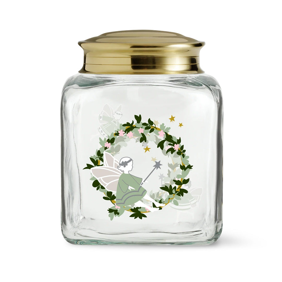 Holmegaard Christmas 2026 julekakeglass i klart glass med messinglokk og julemotiv med fe på forsiden