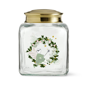 Holmegaard Christmas 2026 julekakeglass i klart glass med messinglokk og julemotiv med fe på forsiden