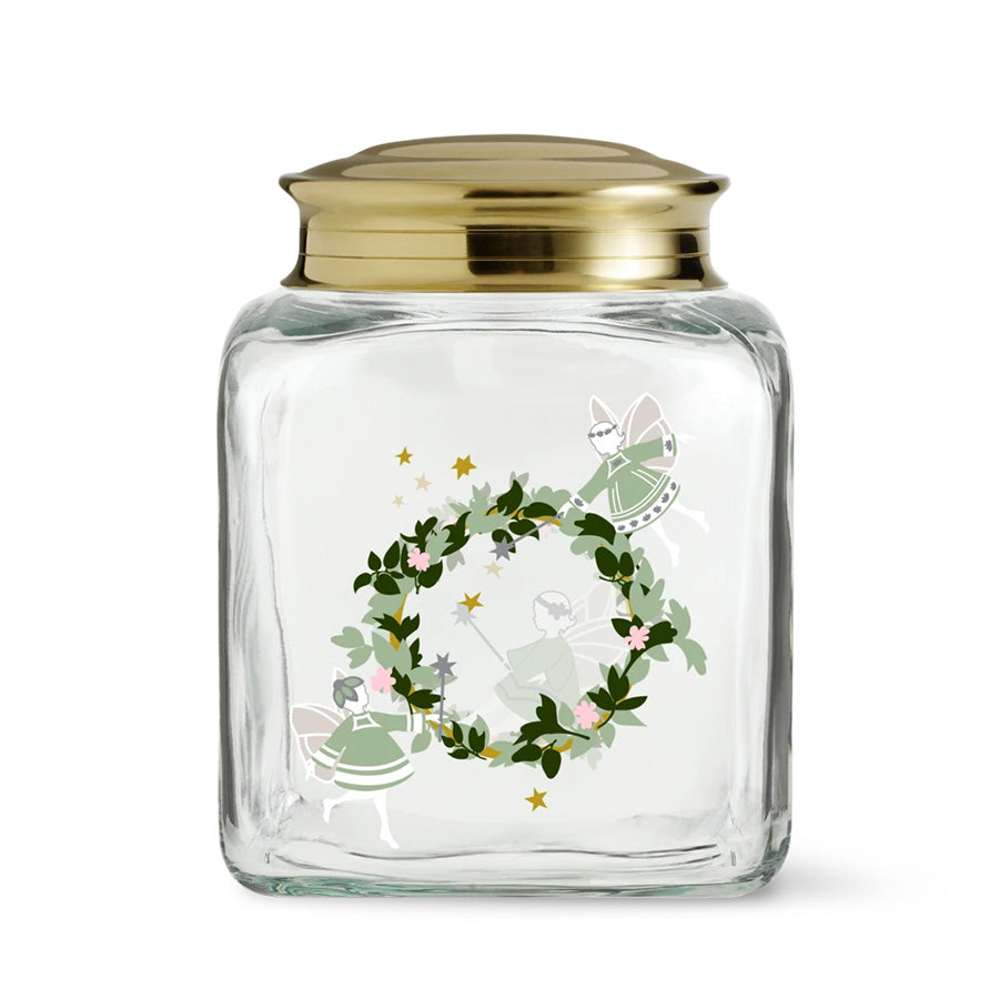 Klart Holmegaard julekakeglass med messinglokk, grønn julekrans, stjerner og festlige julefigurer