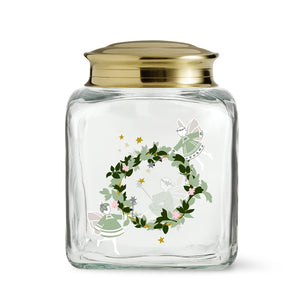 Klart Holmegaard julekakeglass med messinglokk, grønn julekrans, stjerner og festlige julefigurer