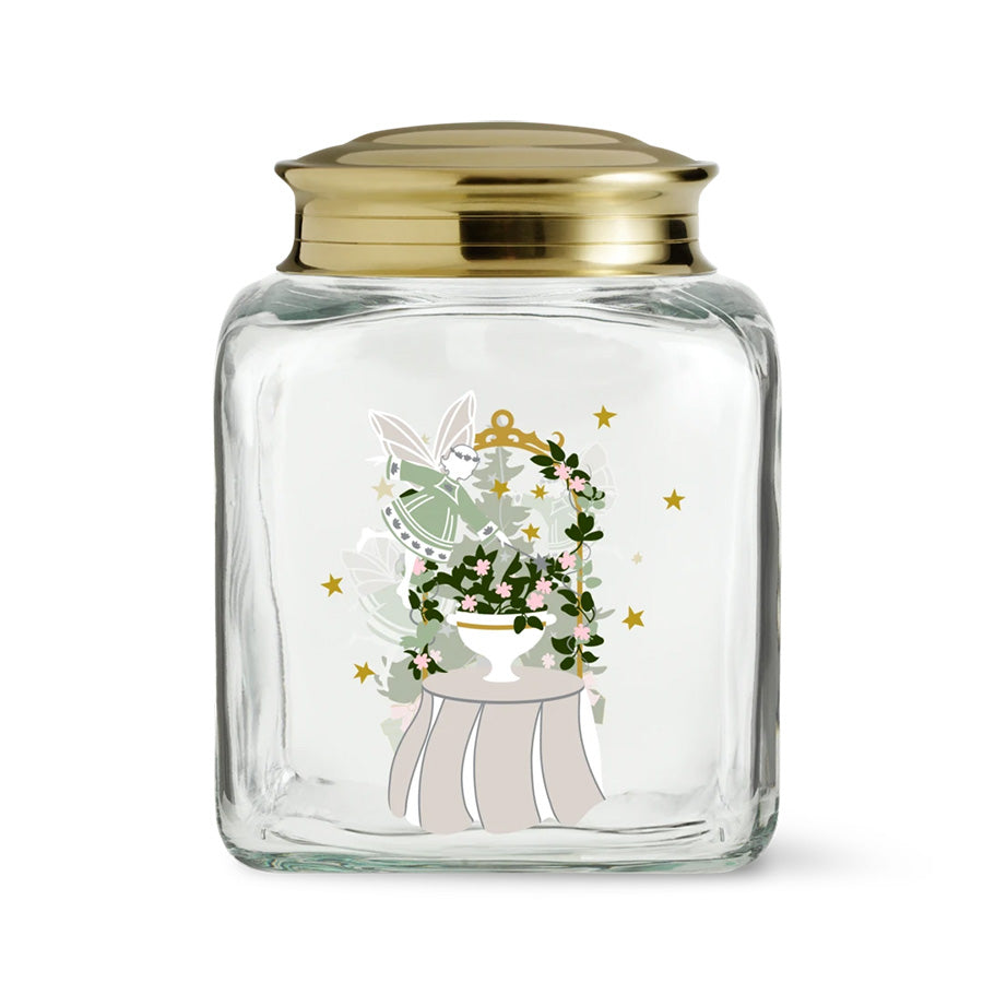 Holmegaard Christmas julekakeglass med messinglokk og stemningsfullt julemotiv med engler, blomster og juledekorasjon