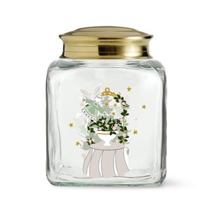 Holmegaard Christmas julekakeglass med messinglokk og stemningsfullt julemotiv med engler, blomster og juledekorasjon
