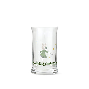 Holmegaard Christmas 2026 julevannglass i klart glass med julemotiv av engel, stjerner og grønne blader, 28 cl