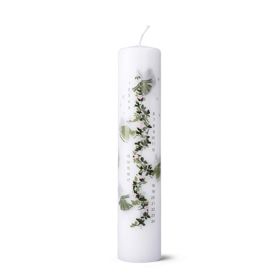 Holmegaard Christmas kalenderlys 2026 i hvitt med naturinspirert grønt blomstermotiv og tallene 1–24
