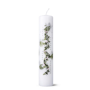 Holmegaard Christmas kalenderlys 2026 i hvitt med naturinspirert grønt blomstermotiv og tallene 1–24