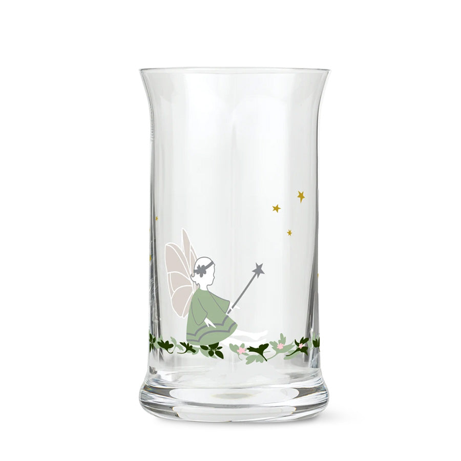 Holmegaard Christmas 2026 ølglass i klart glass med eventyrmotiv, grønne detaljer og gylne stjerner, 50 cl