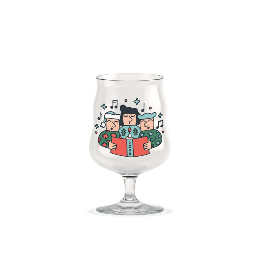 Holmegaard Mikkeller 2026 ølglass på 40 cl med fargerikt julemotiv av syngende maskoter