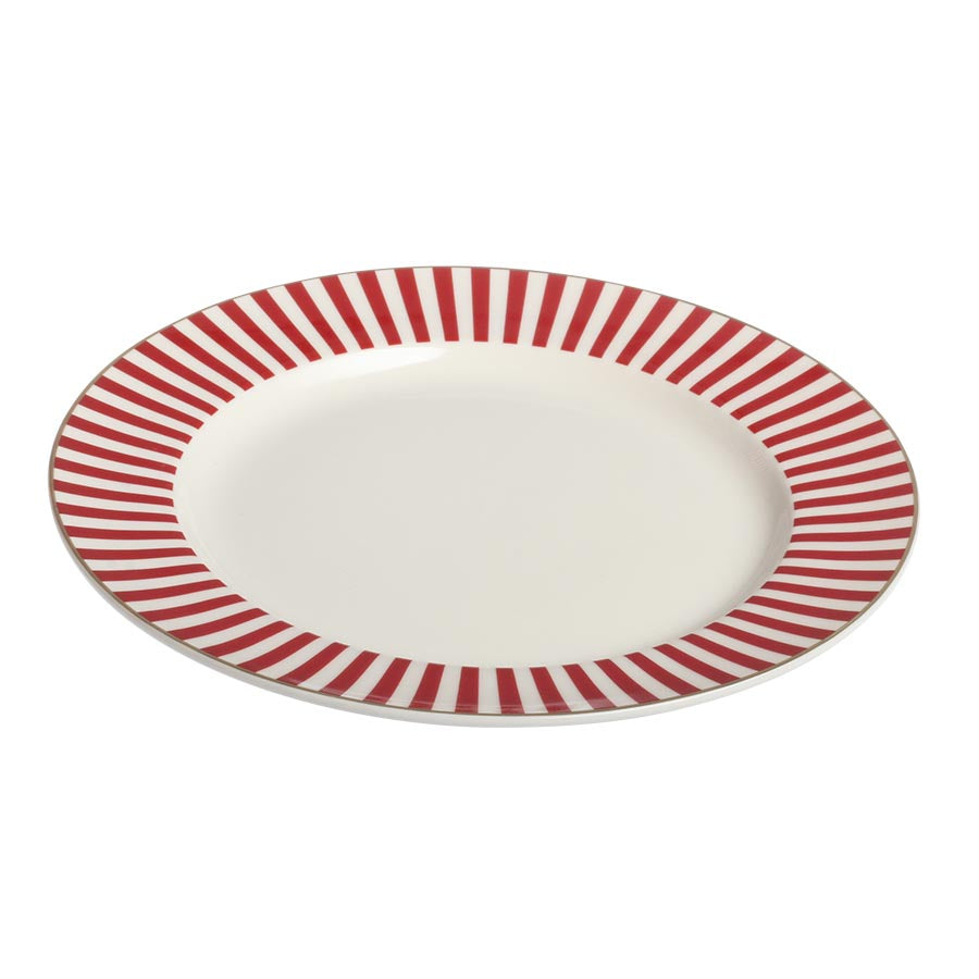 Nova Abby Tallerken 26cm Rød m/Gull dekal - tallerken sett fra sidevisning, viser de elegante røde stripene og gullkanten designet for allsidig bruk.