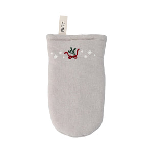 JUNA Christmas Fable grillvott i sandfarget tekstil med brodert mistelteinmotiv og hvite julestjerner
