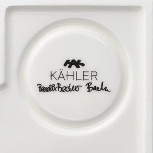 Nærbilde av Kähler-logo og designernes signatur på undersiden av Urbania Stall lyshus