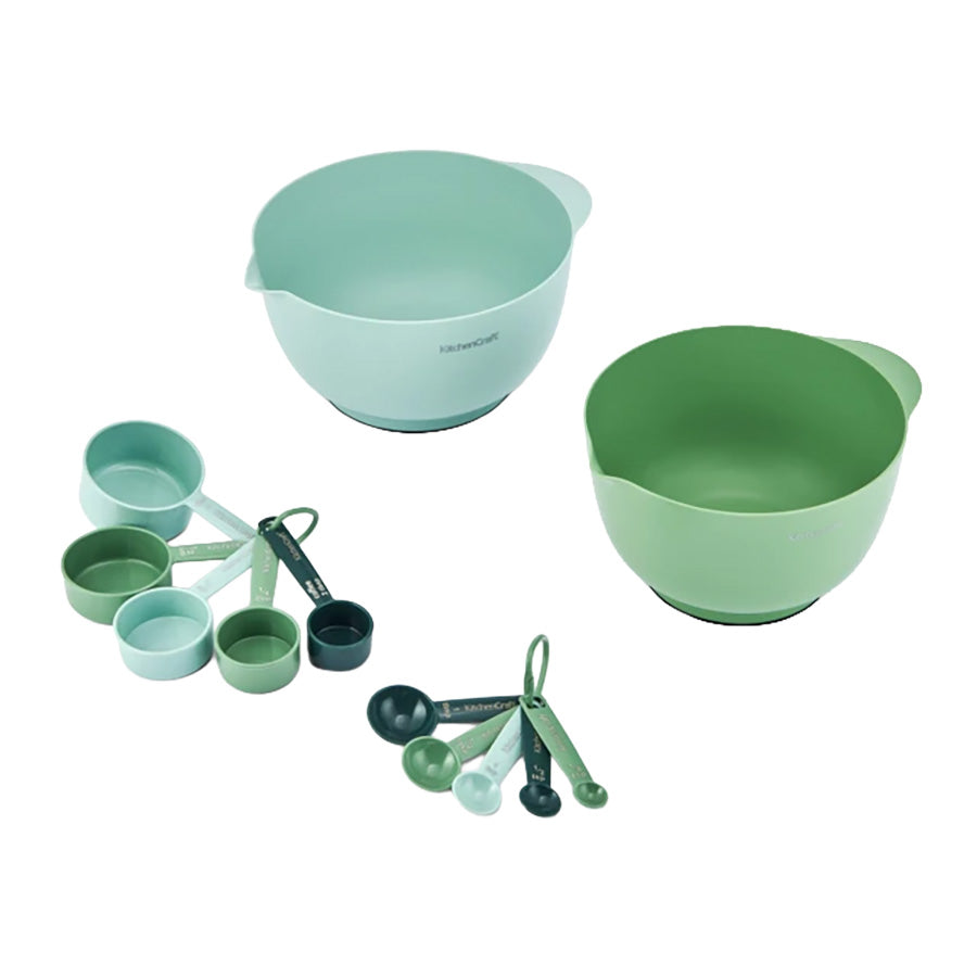 KitchenCraft bollesett med to grønne blandeboller, fem målekopper og fem måleskjeer i ulike størrelser