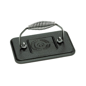 Lodge Cast Iron grillpresse i støpejern med spiralhåndtak - perfekt for grilling av burgere og smøring av sandwich.