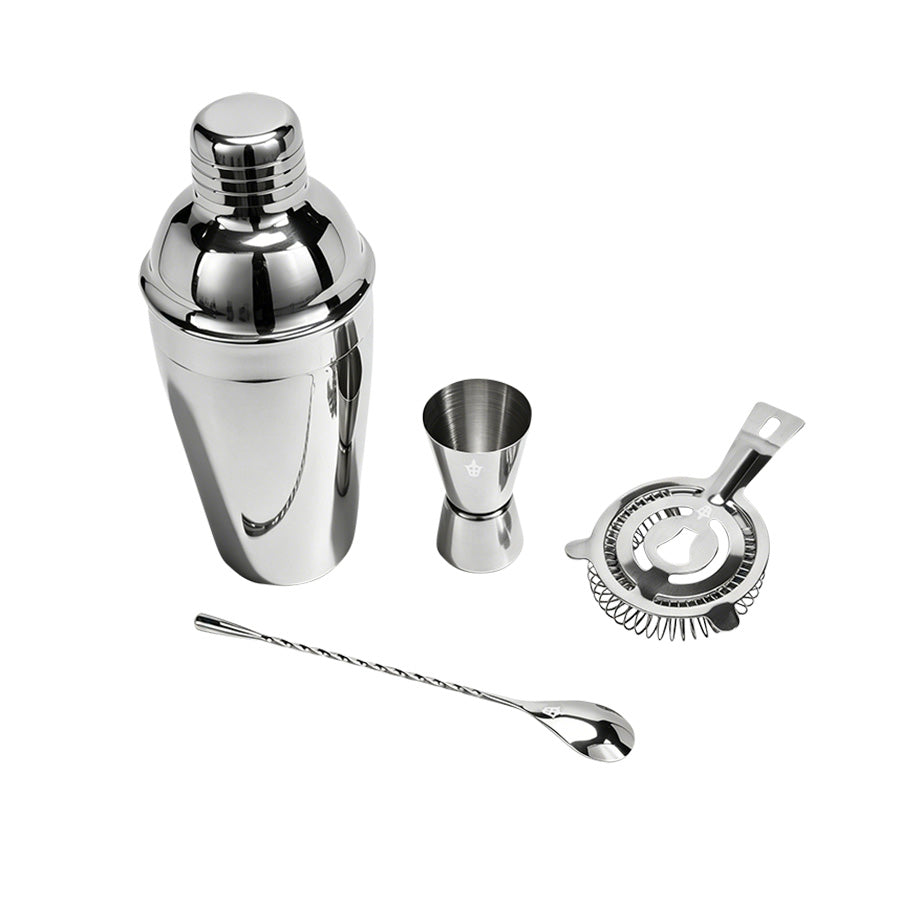 Christiania Glasmagasin barsett med blank cocktailshaker, målebeger, barsil og rørepinne